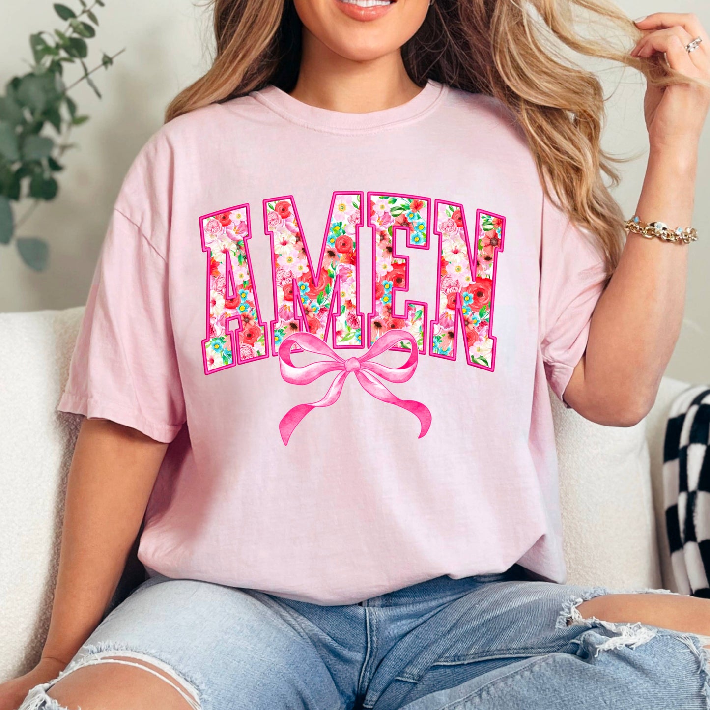 Amen Bow Screen Print Graphic Shirt | Comfort Colors